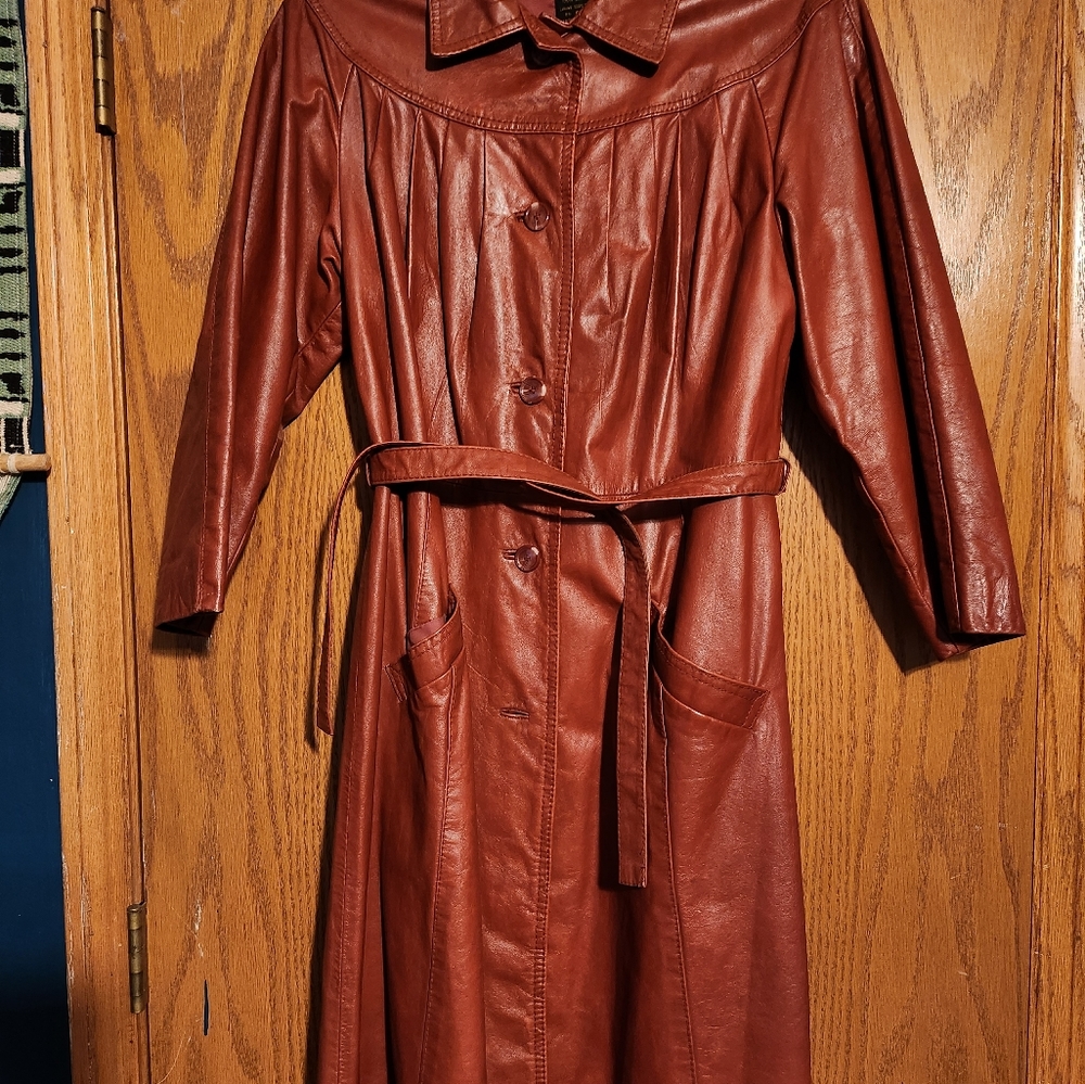 Genuine Brown Pleated Leather Belted Coat